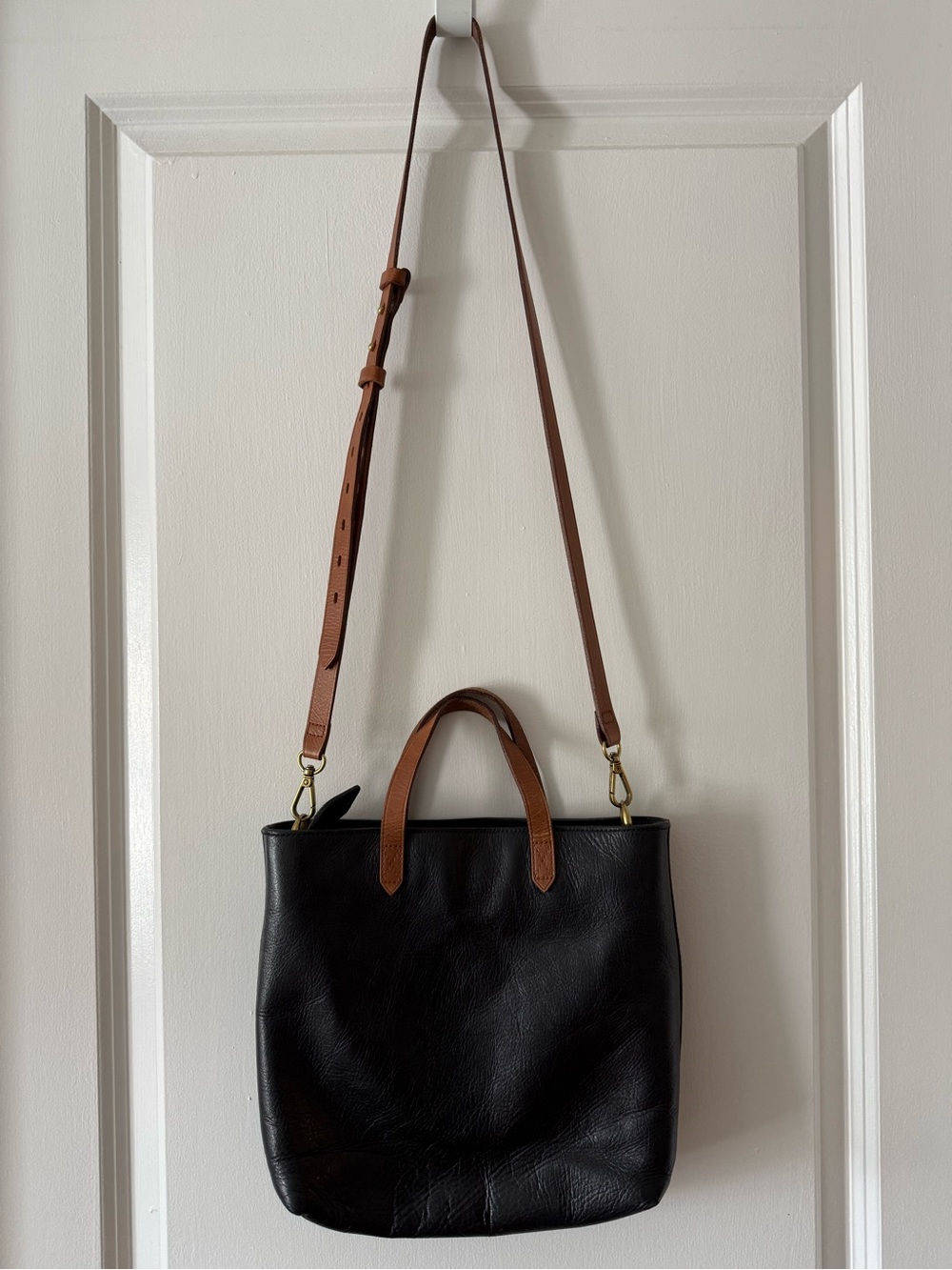 Madewell Black Leather Mini Transport Tote with Brown Strap and zip top